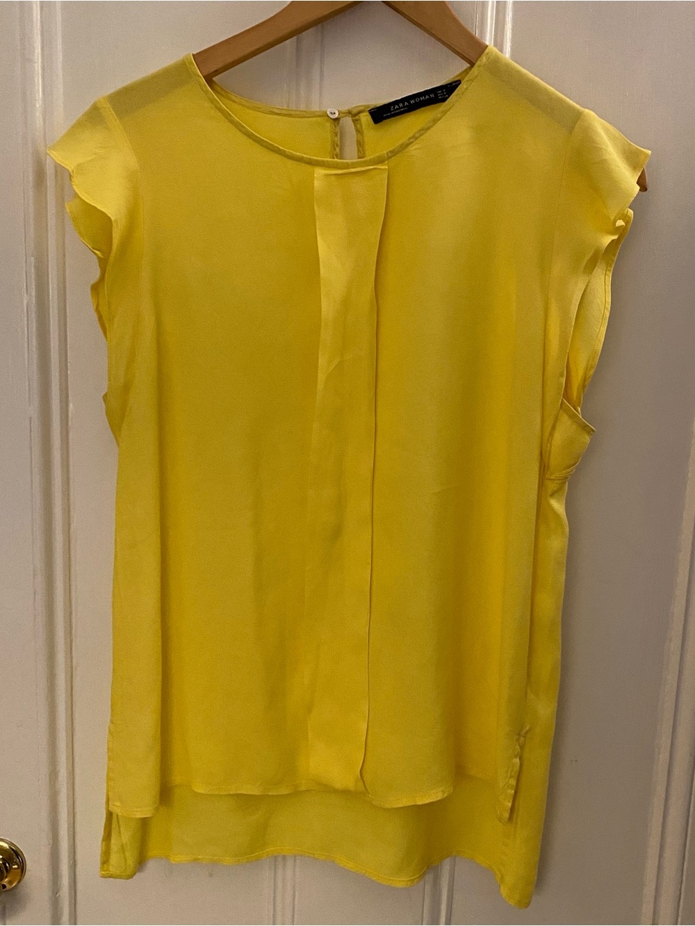 Zara Top Womens M Blouse Yellow Staple Flutter Sleeve Business Office Light